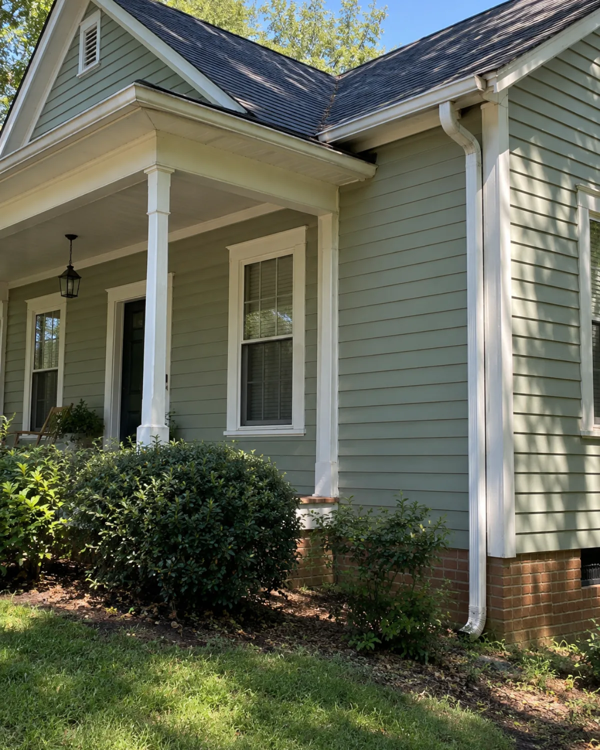 Sage lap siding with white porch columns, wrapped trim and a downspout over a brick foundation