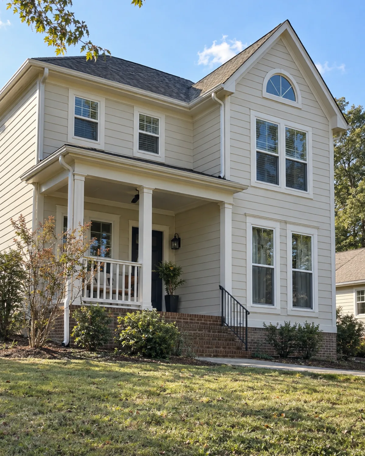 Cream sided home with a half-round arched gable window, white-trimmed double-hung units and a covered porch